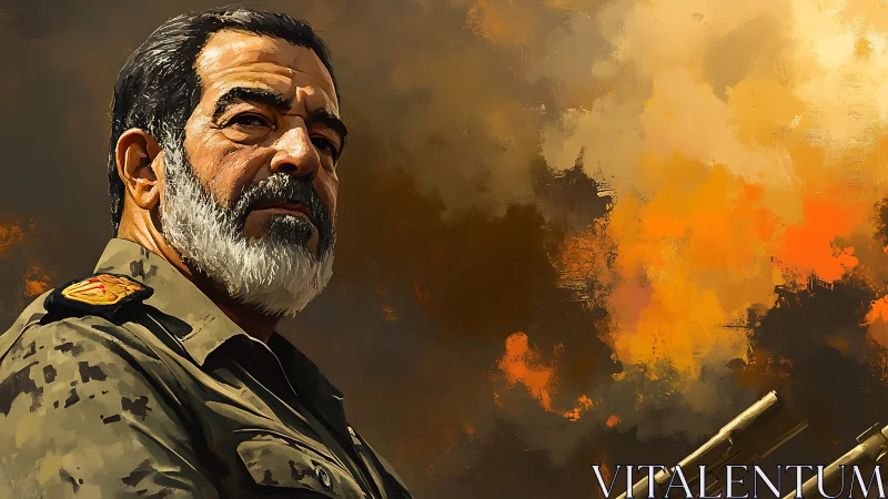 Bearded military figure in uniform before abstract sky.