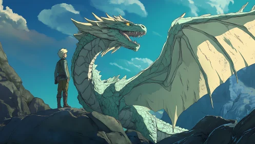 Young adventurer studying large dragon on rocky ridge.