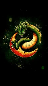 Coiled green dragon encircles red crescent with splatter lighting effects