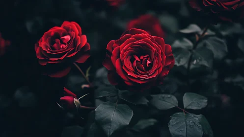 Red roses with dark foliage in low light conditions.