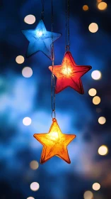 Glowing star lanterns hang against deep blue bokeh night.