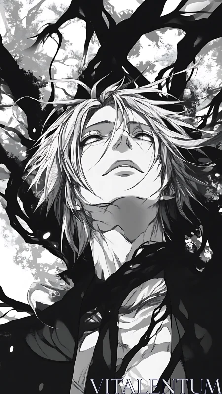 Upward anime portrait entwined with abstract monochrome branches