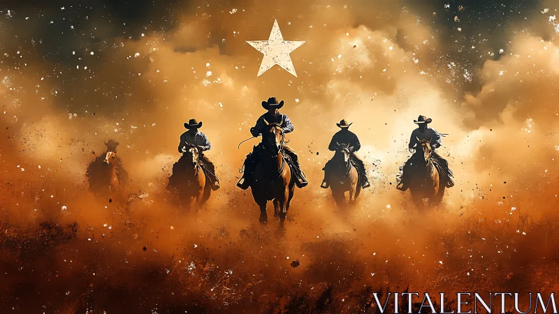 Cowboys on horseback charge through dust under star.