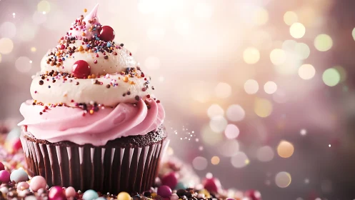 Layered Chocolate Cupcake with Pink Frosting and Sprinkles.