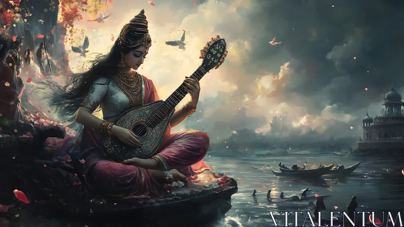 Seated veena player before riverfront architecture at dusk.