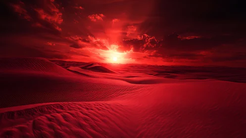 Crimson desert dunes under blazing alien sunset sky.