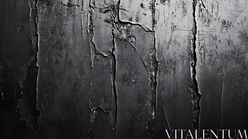 Monochrome close-up reveals cracked, glossy black plaster surface