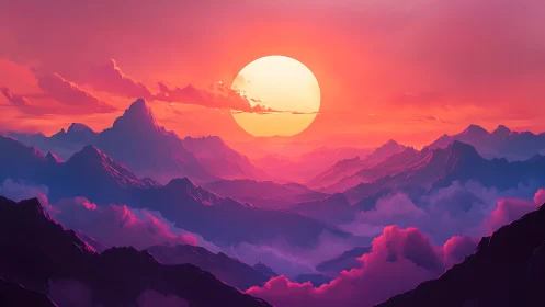 Sunset illuminates layered mountain ranges with dense clouds