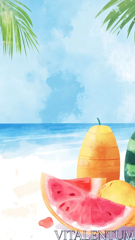 Tropical beach scene with sliced watermelon and fruit.