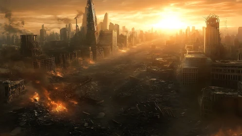 Sunset illuminates a ruined post apocalyptic cityscape in ash.