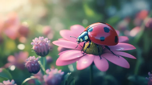 Ladybird resting on pink daisy under shallow depth of field