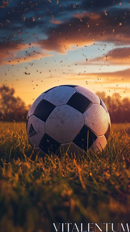 Sunlit soccer ball resting gently on a golden evening field.