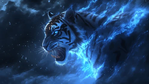 Stormlit spirit tiger roars through glowing blue night