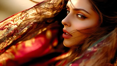 Woman in rich red scarf with intense sideward gaze.