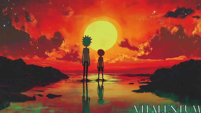 Twin silhouettes greet a molten neon sunset at low tide.