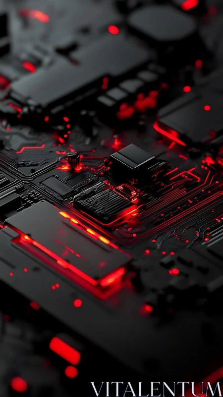 Black circuit board with red illuminated electronic pathways.