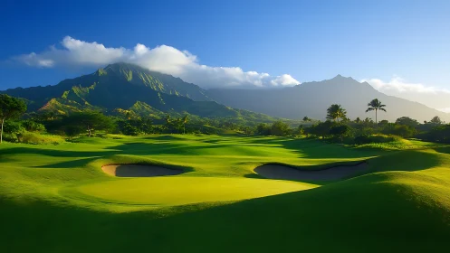 Tropical mountain golf course under clear sunrise sky.