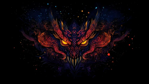 Symmetrical demonic dragon visage rendered in neon fractal linework