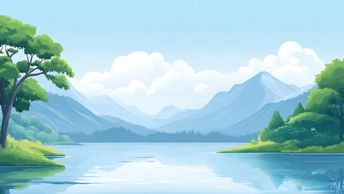 Mountain lake landscape with trees and distant peaks.