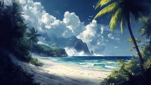 Tropical Coastal Landscape with Mountain Formation.