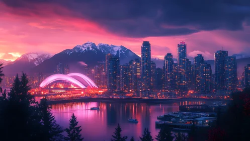 Cozy neon city harbor glowing beneath peaceful twilight skies.