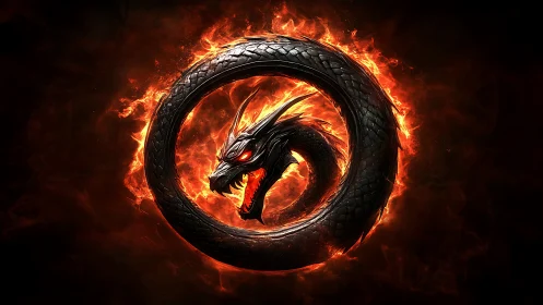 Fiery black dragon ouroboros in molten infernal ring.