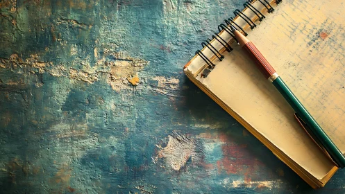 Vintage notebook and pencil rest on textured teal desk.