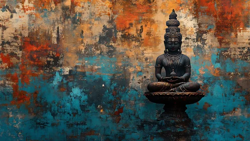 Calm bronze deity resting before vibrant rustic colors.