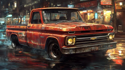 Weathered red pickup truck on wet neon city street at night.