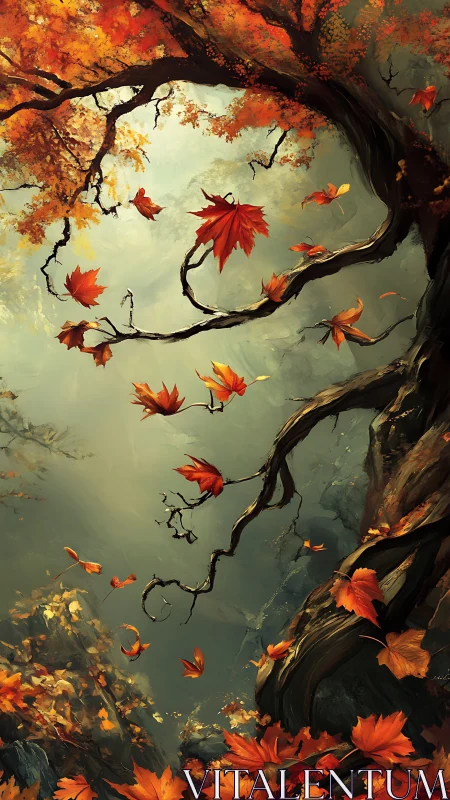 Crimson leaves swirl around a storytelling autumn tree.