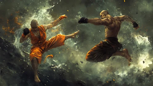 Two martial artists execute opposing airborne kicking strikes