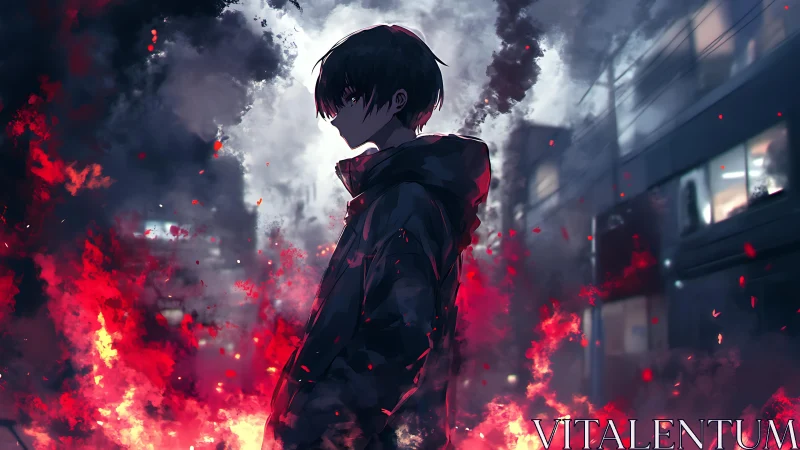 Hooded youth in profile stands amid dynamic red fire and smoke