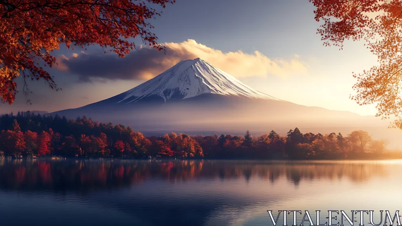 Gentle autumn sunrise embracing a peaceful snow peak.