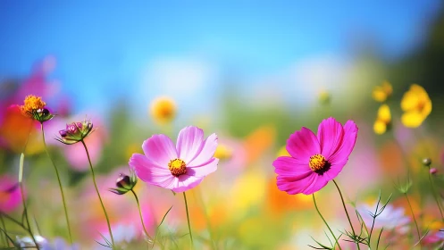 Cosmos flowers with selective focus in daylight field setting.