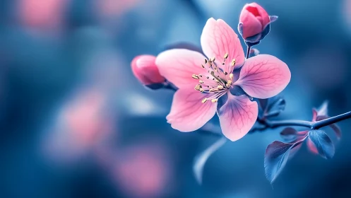 Pink blossoms with buds against soft blue bokeh background