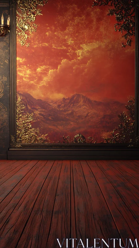 Gilded crimson landscape framed above rustic red boards.