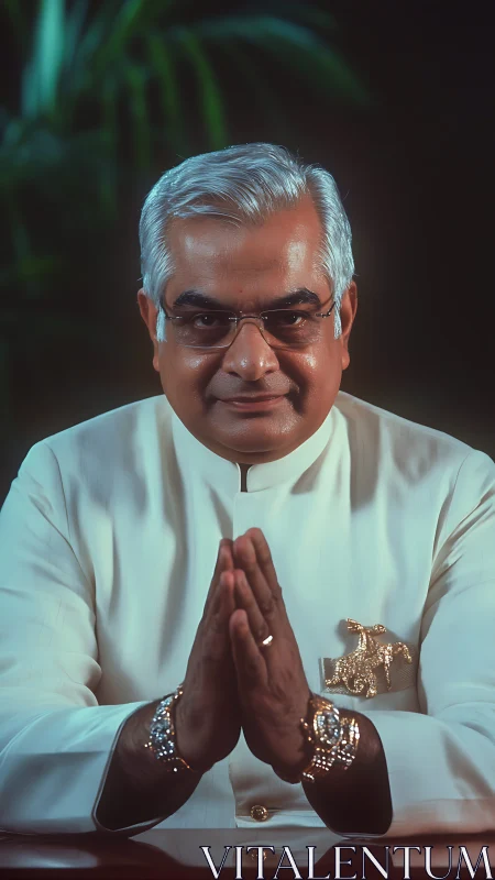 Middle aged man in white suit poses with namaste gesture
