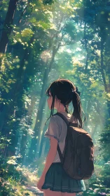Backlit schoolgirl studies dappled light in dense forest path