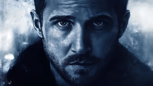 Moody blue portrait captures intense, reflective male gaze.
