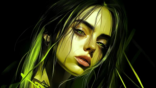 Neon green digital portrait captures intense female gaze