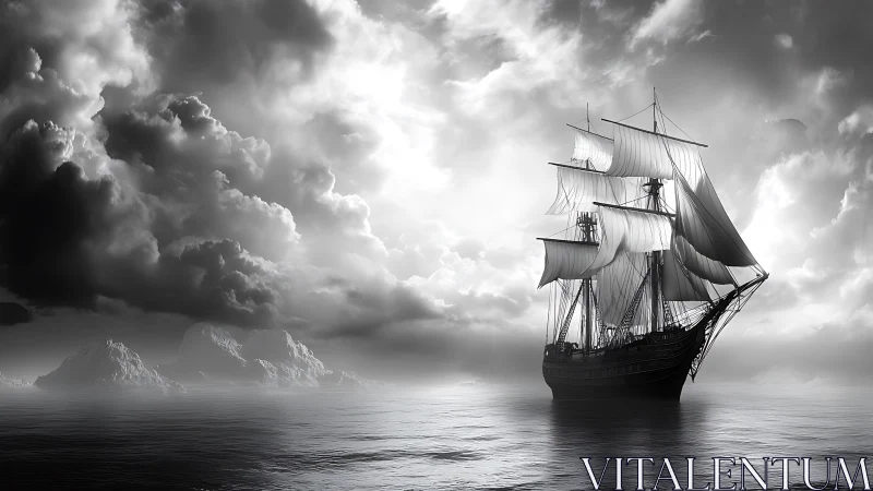 Tall ship cuts through monochrome seas under storm clouds.