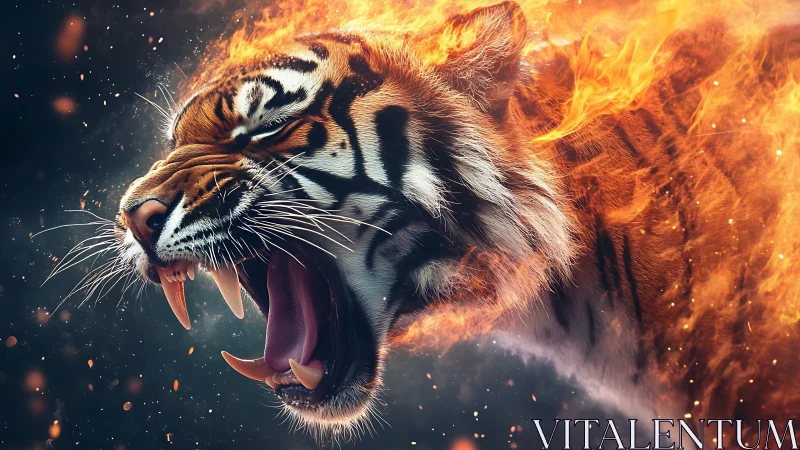 Fiery roaring tiger head erupts with sparks and blazing motion.