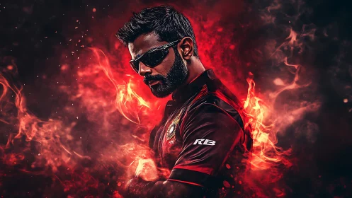 Confident sports hero emerges from swirling red flames