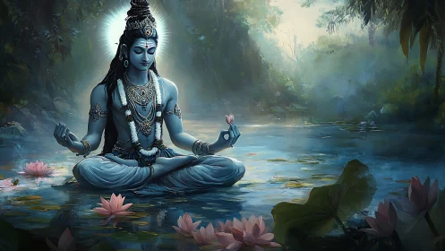 Divine blue figure meditates in misty lotus-filled forest pond