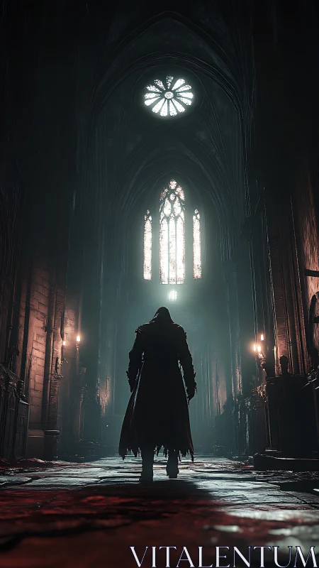 Lone cloaked figure walks under towering gothic cathedral light