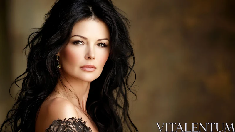 Elegant brunette portrait with soft golden studio light.