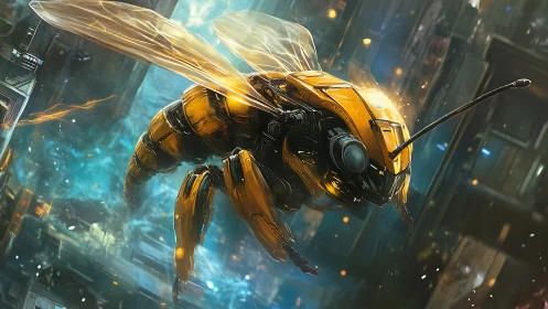 Robotic insect drone in luminous futuristic cityscape.