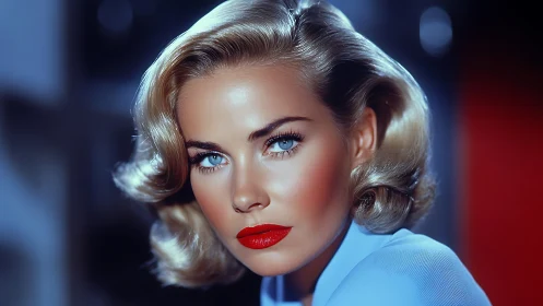 Retro glam portrait with vivid blue eyes and red lips.