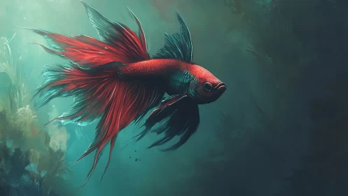 Betta fish glides through moody teal depths in soft light.