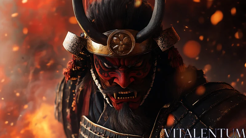 Demon-masked samurai snarls through a storm of drifting embers